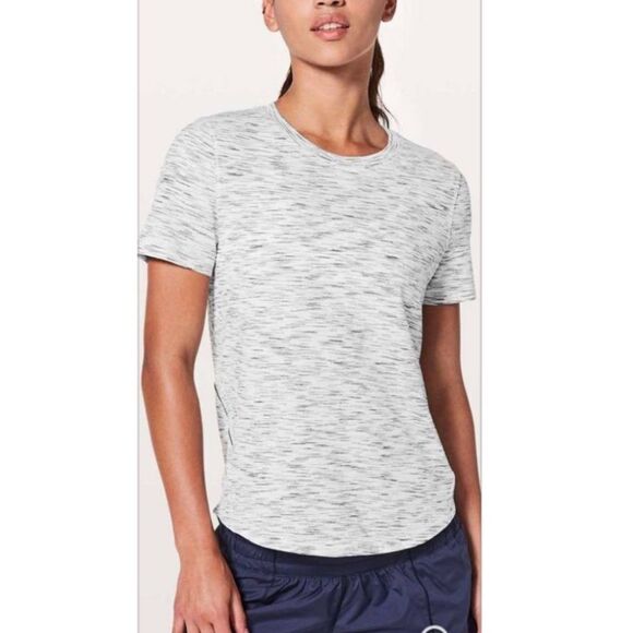 Lululemon Women’s Long Distance Workout Shirt Round Neck Gray White Size 12 - Picture 3 of 10